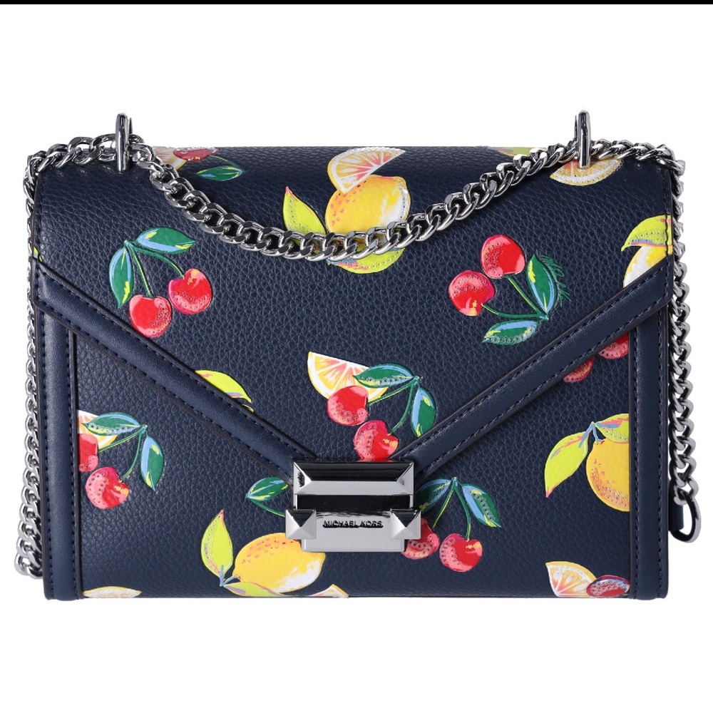 Michael Kors Whitney Medium Flap Shoulder Bag Fruit Print Navy Multi